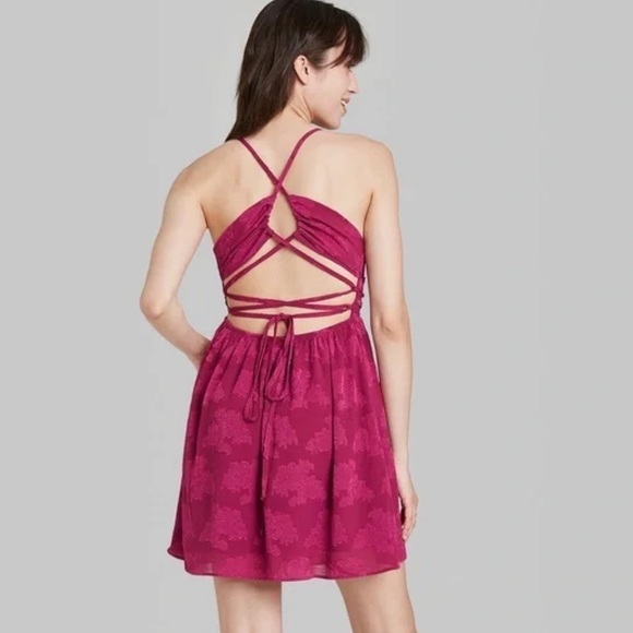 WILD Fable Sleeveless Open Back Ruched Skater Dress Rose with pockets nwt - Picture 2 of 4